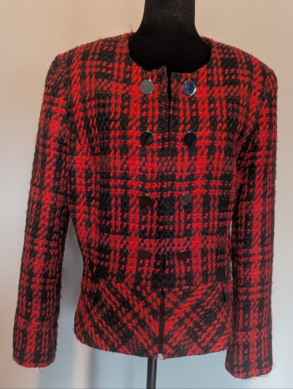 Tahari Women's Red & Black Plaid Bouclé Blazer